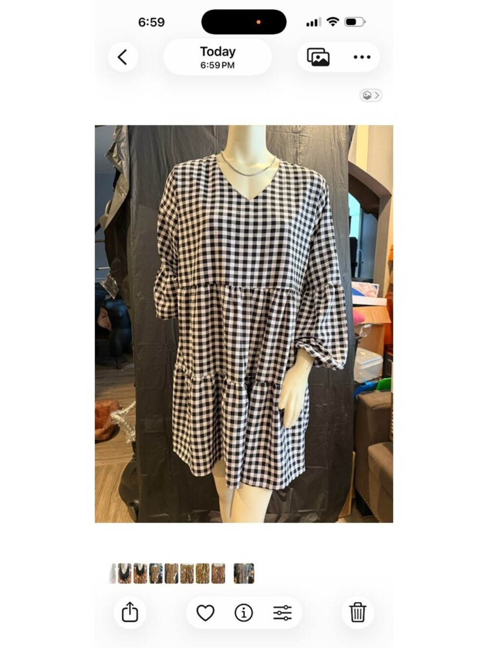 Black and White Gingham Tiered Dress with V-Neck and Long Sleeves Size XL